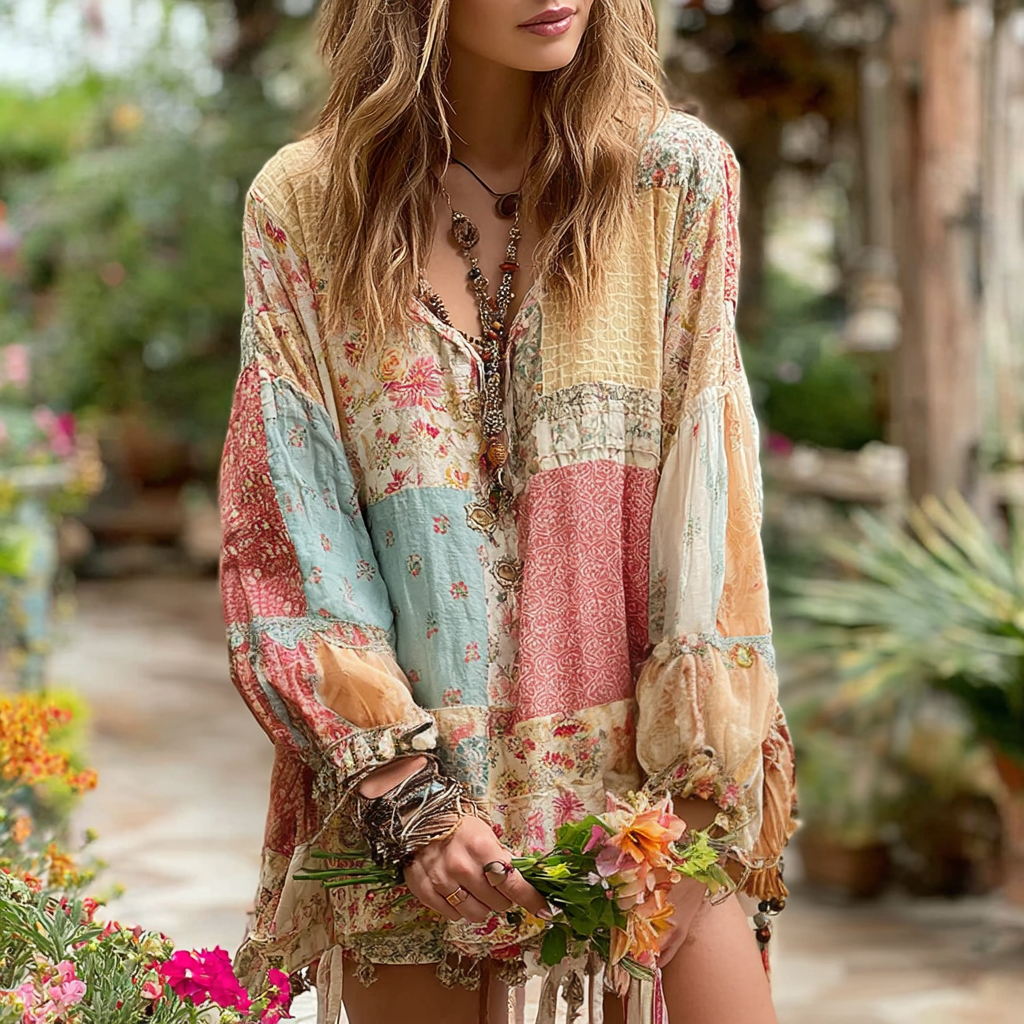 Women's Vintage Floral Art Patch Loose Fit T-shirt