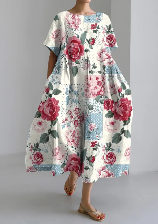 Retro Artistic Floral Short Sleeve Loose Midi Dress