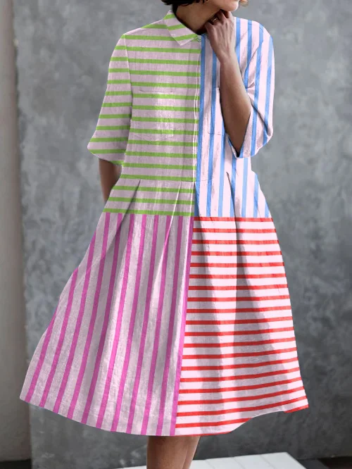 Retro Geometric Stripe Print Casual Elegant Pocket Half Sleeve Dress