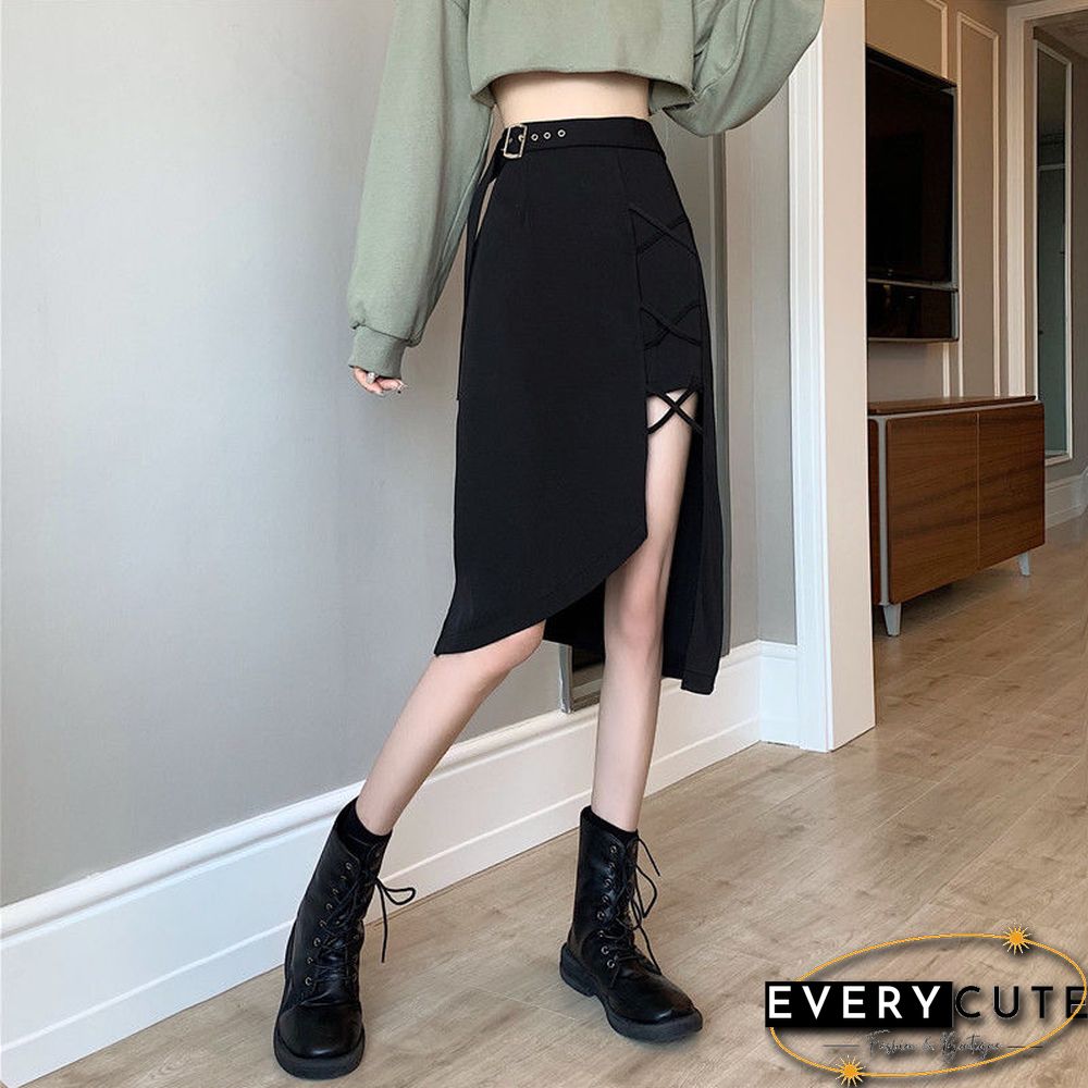 Vintage Irregular Gothic Skirt Women Summer High Waist Belt Harajuku Midi Skirt Casual Korean Elegant A-line Y2k Skirt New