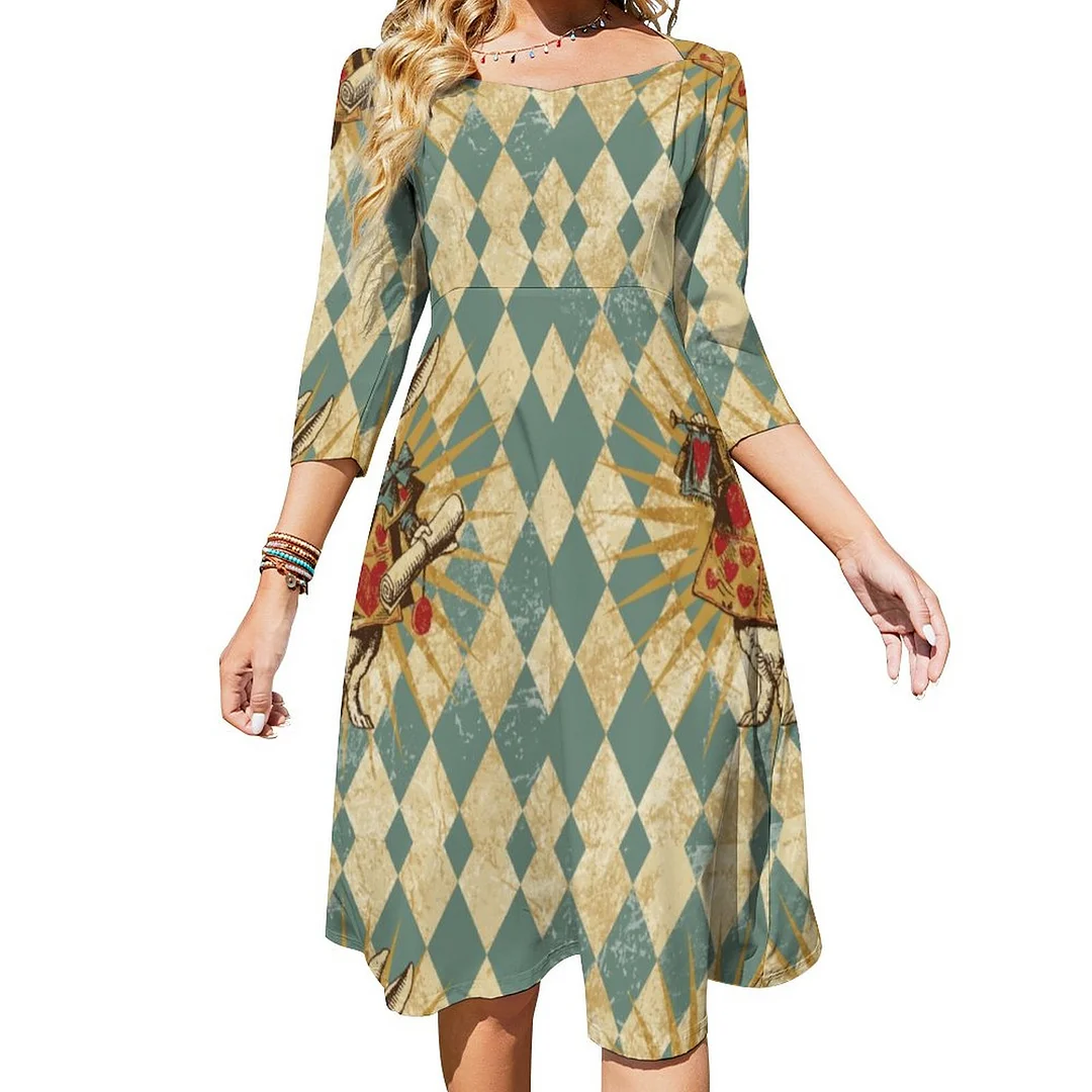 White Rabbit Vintage Dress Sweetheart Tie Back Flared 3/4 Sleeve Midi Dresses