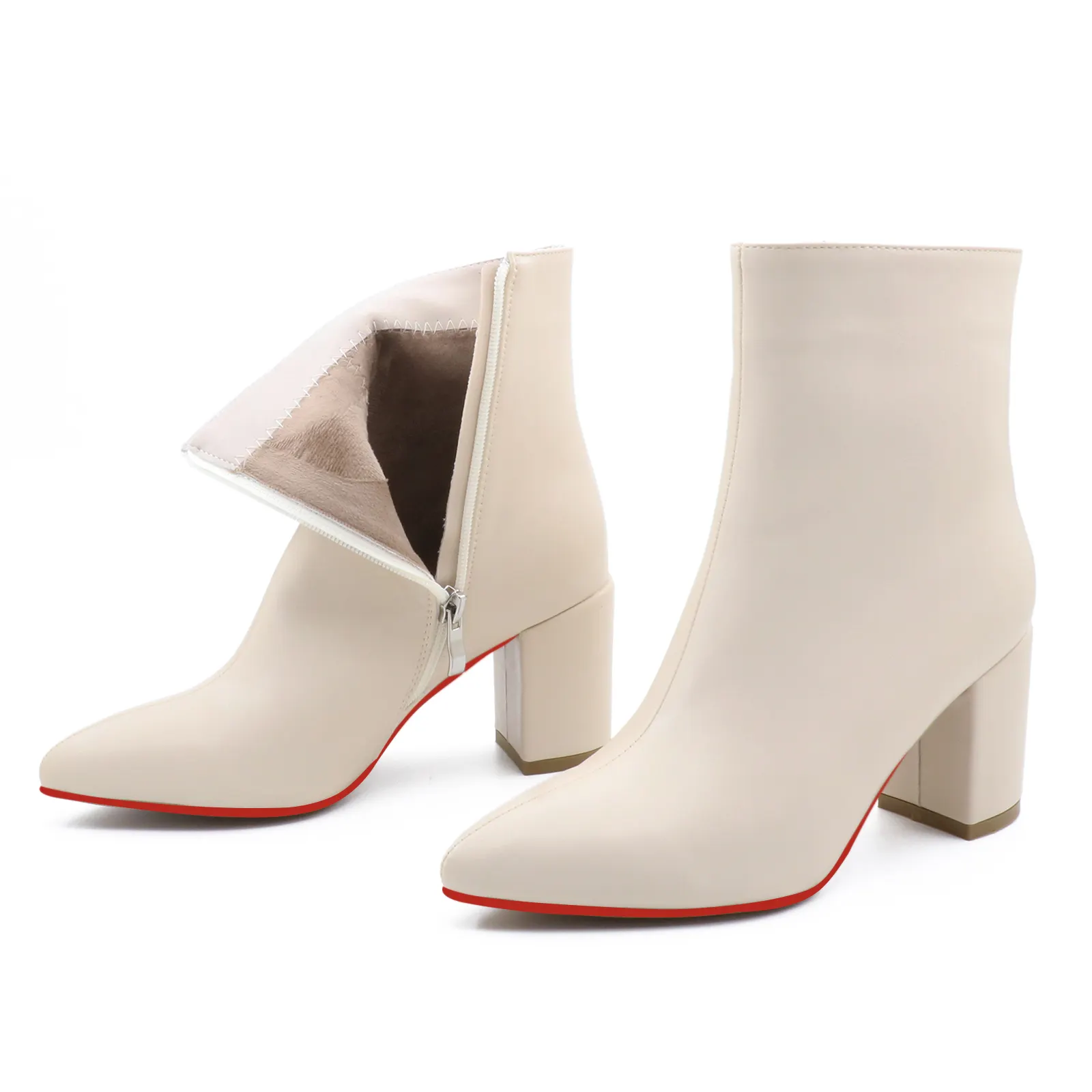 75mm Women's Zipper Pointed Toe Red Bottom Chunky Heel Ankle Boots-vocosishoes