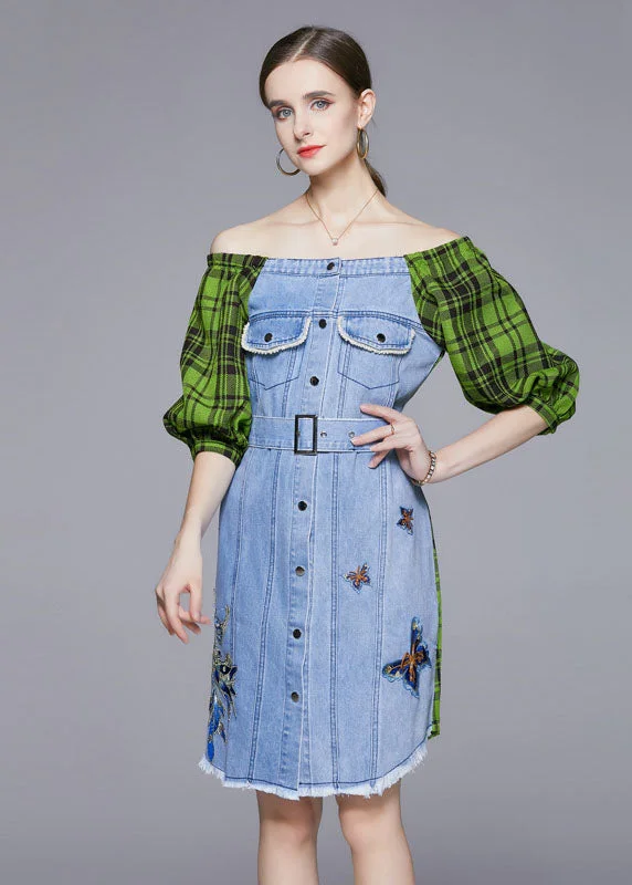 DIY Blue Slash Neck Embroideried Patchwork Cotton Denim Dress Lantern Sleeve