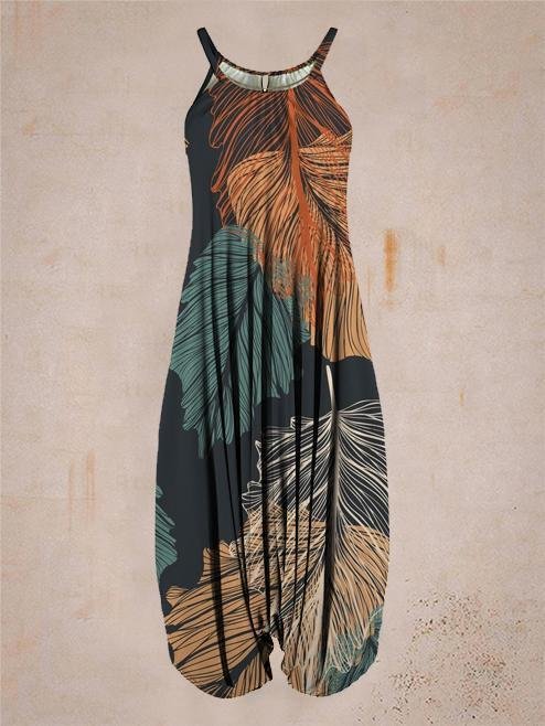 Women's summer natural leaf print jumpsuit