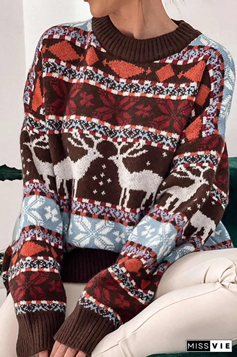 Casual Geometric Wapiti Patchwork Basic O Neck Tops
