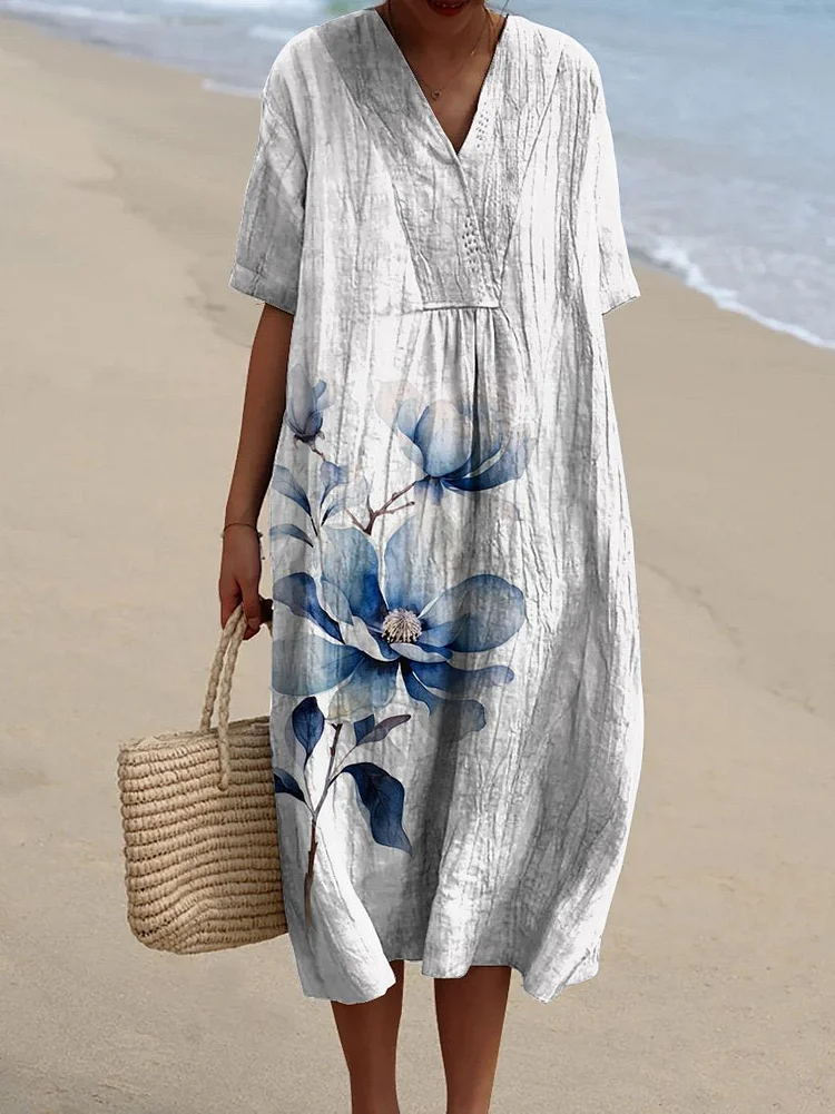 Women's Watercolor Blue Floral Printed Flowy Dress