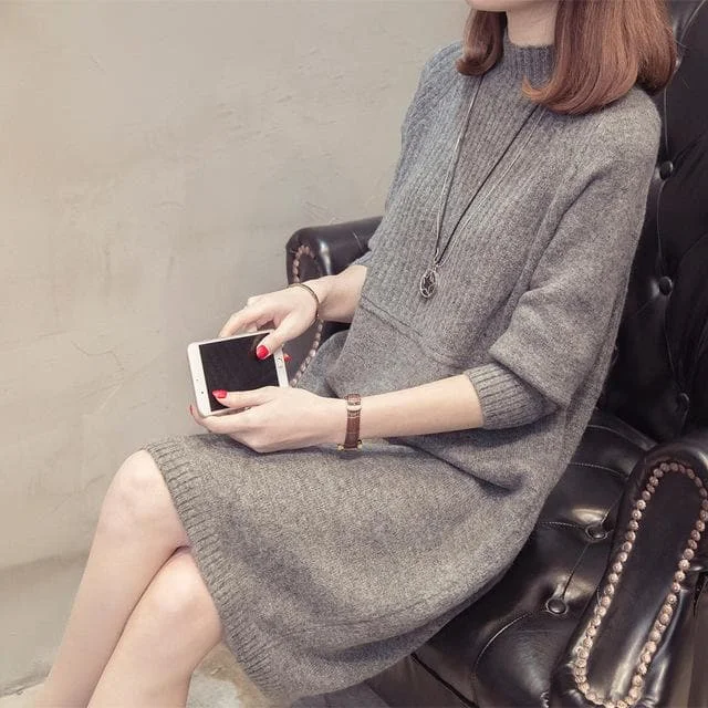 Knitted Long Sleeve Pullover Sweater Dress SP15363