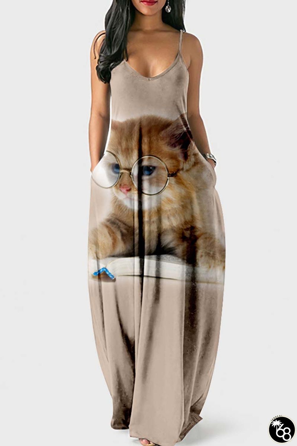 Khaki Sexy Casual Print Backless Spaghetti Strap Long Dress Dresses | 168DEAL