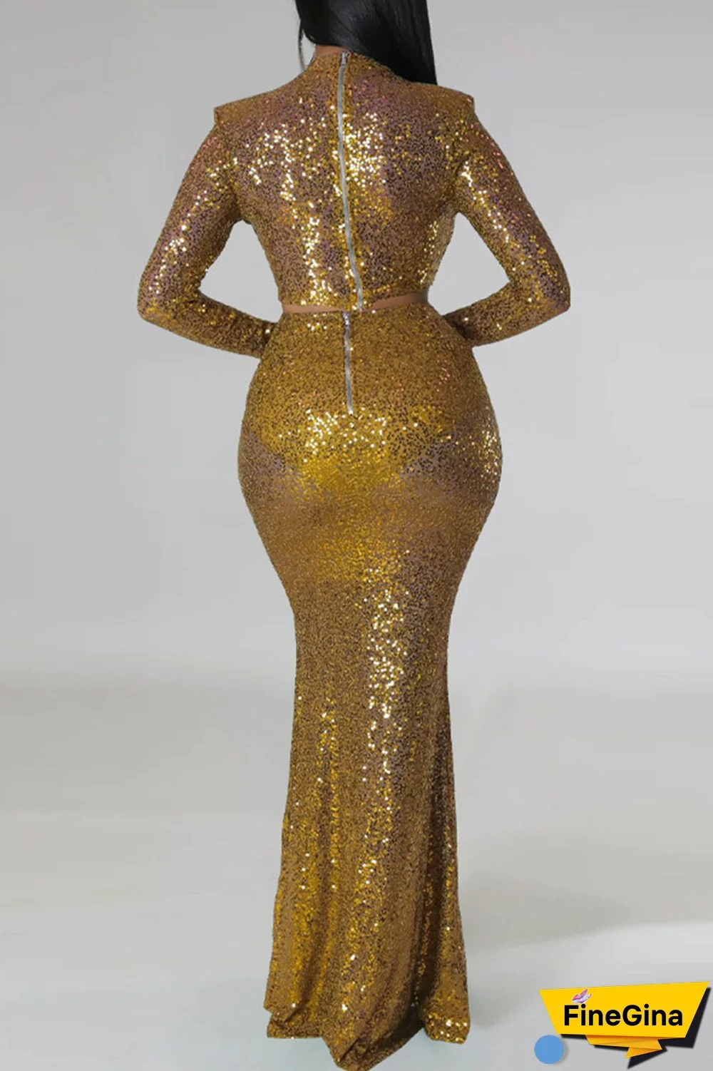 Champagne Sexy Solid Sequins Patchwork O Neck Long Sleeve Two Pieces