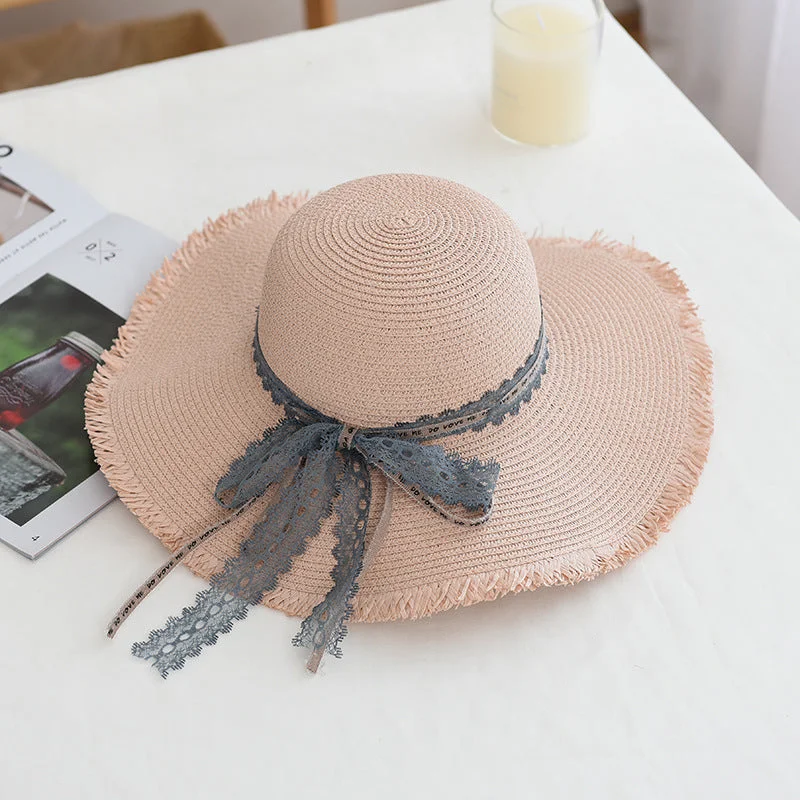 Women's Straw Hats Lace Decoration Wide Brim Dome Beach Hats