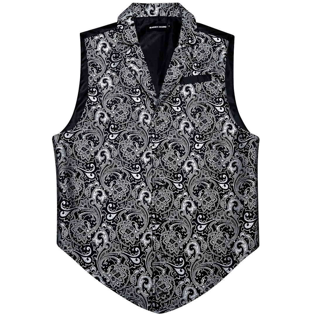 Luxury Men's Black White Floral Silk Vest
