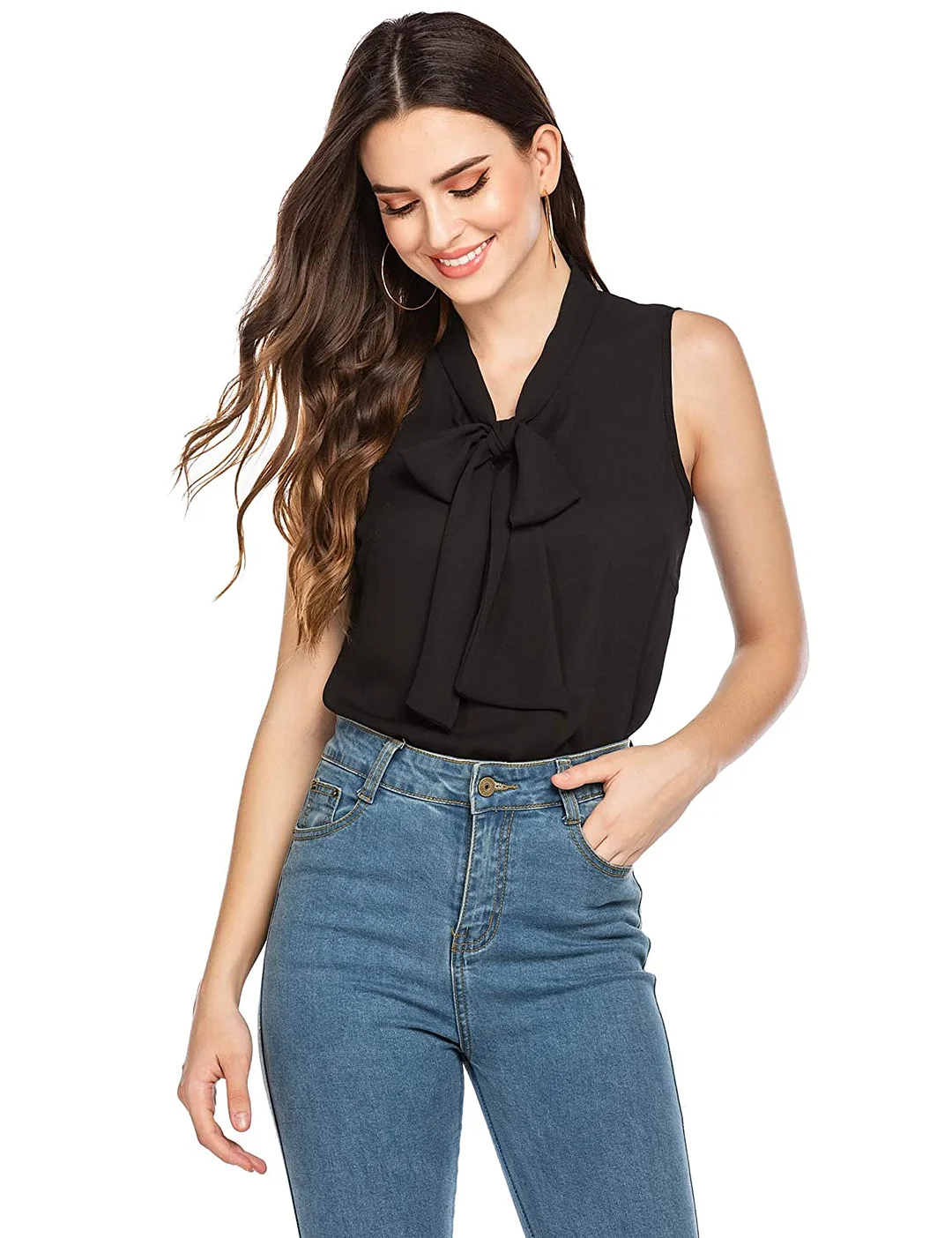 Women's Casual Tie Bow Neck Sleeveless Chiffon Solid Blouse Office Work Elegant Shirt Vintage Basic Tops