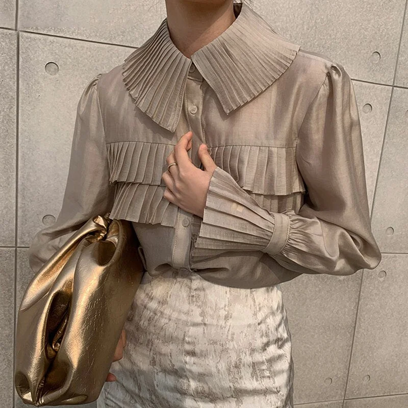 Korean Style Elegant Pleated Shirts Spring Turn Down Collar Blouse Women Solid Single Breasted Lantern Sleeve Tops Blusas 13337
