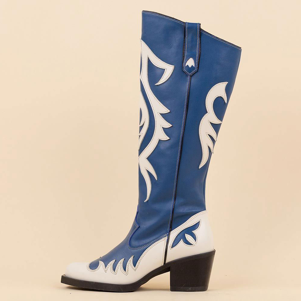 Blue & White Patchwork Knee High Cowgirl Boots with Chunky Heels