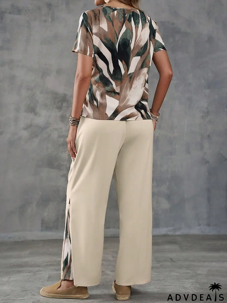Ladies' Summer Vacation Casual Random Print Tie-Front Short Sleeve Shirt And Patchwork Long Pants Set