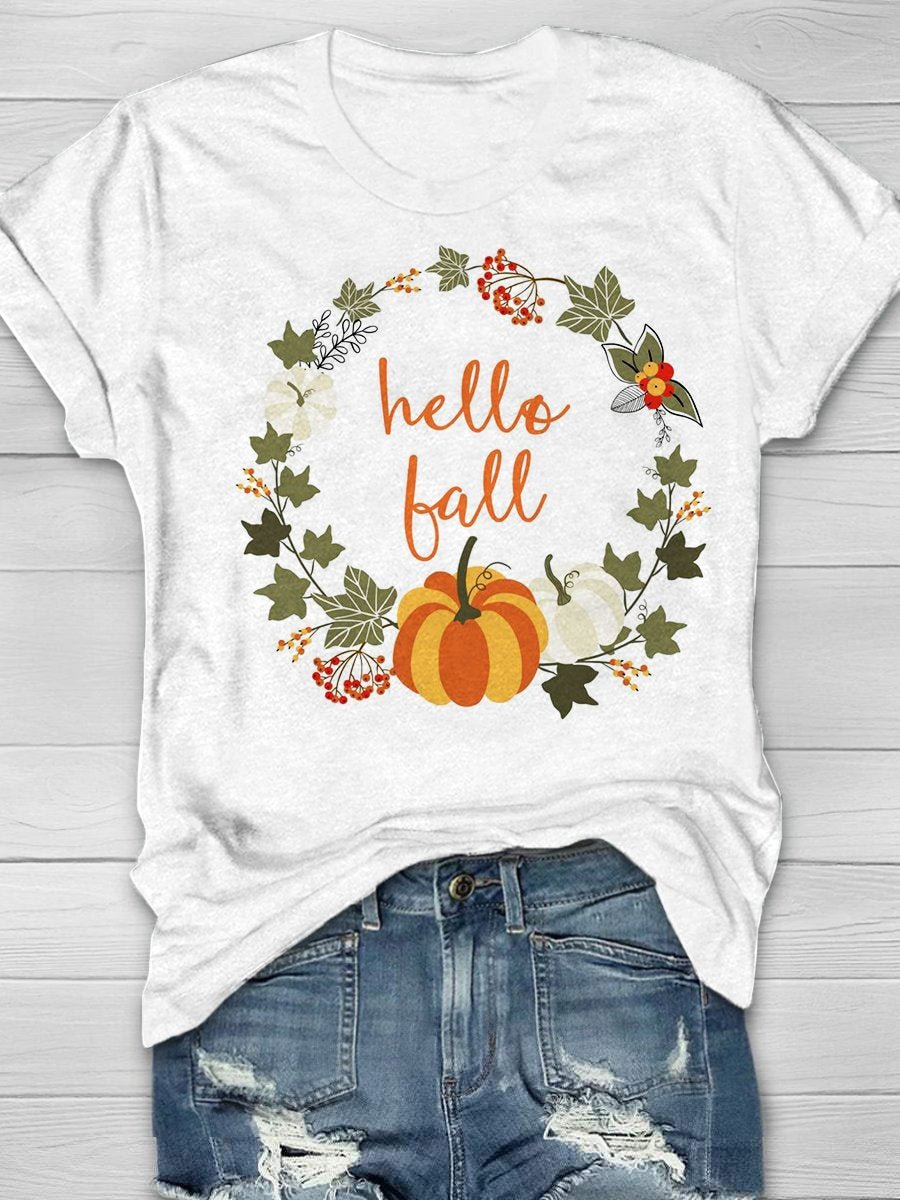 Hello Fall White Print T-Shirt