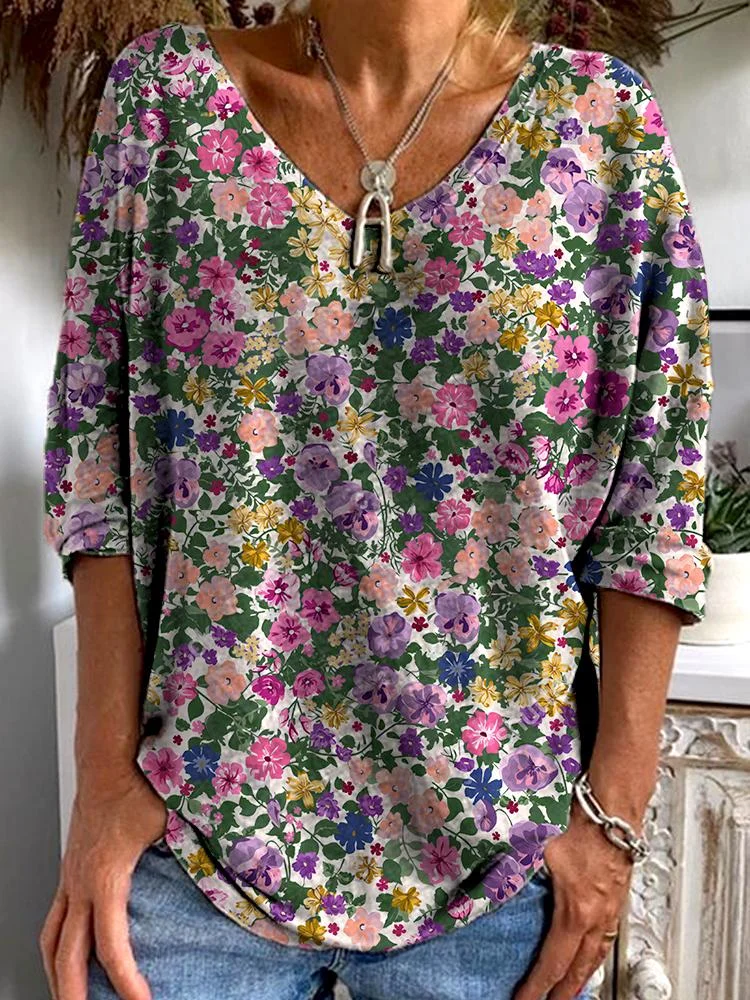 Women's Summer Fashion New Multi-color Floral Print V-neck Long-sleeved T-shirt