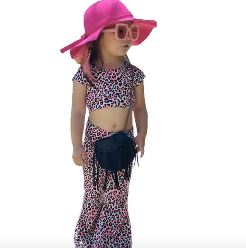2pcs Leopard Short Sleeve Tops+Pant Outfit Clothes