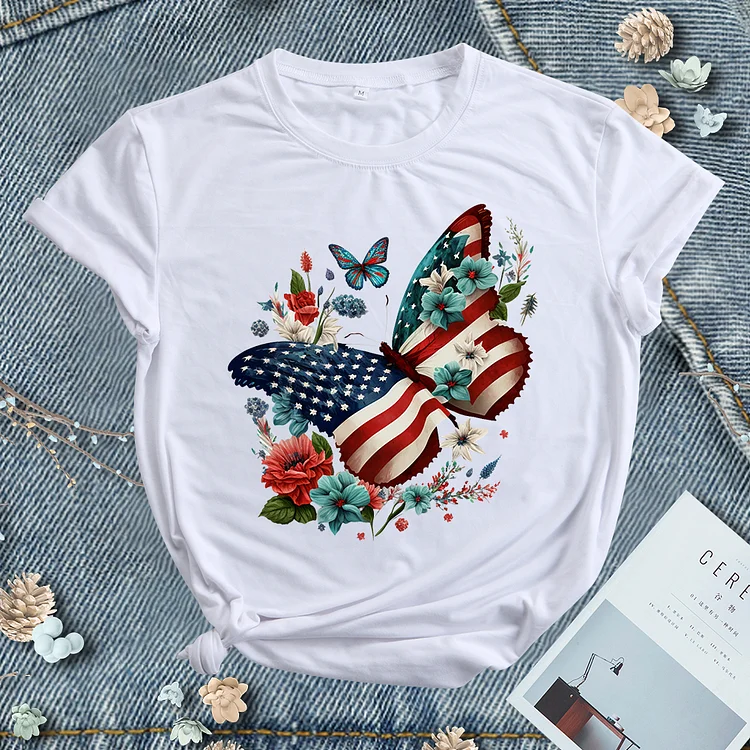 Independence Day Butterfly Flower Round Neck T-shirt - BSP0008-Annaletters