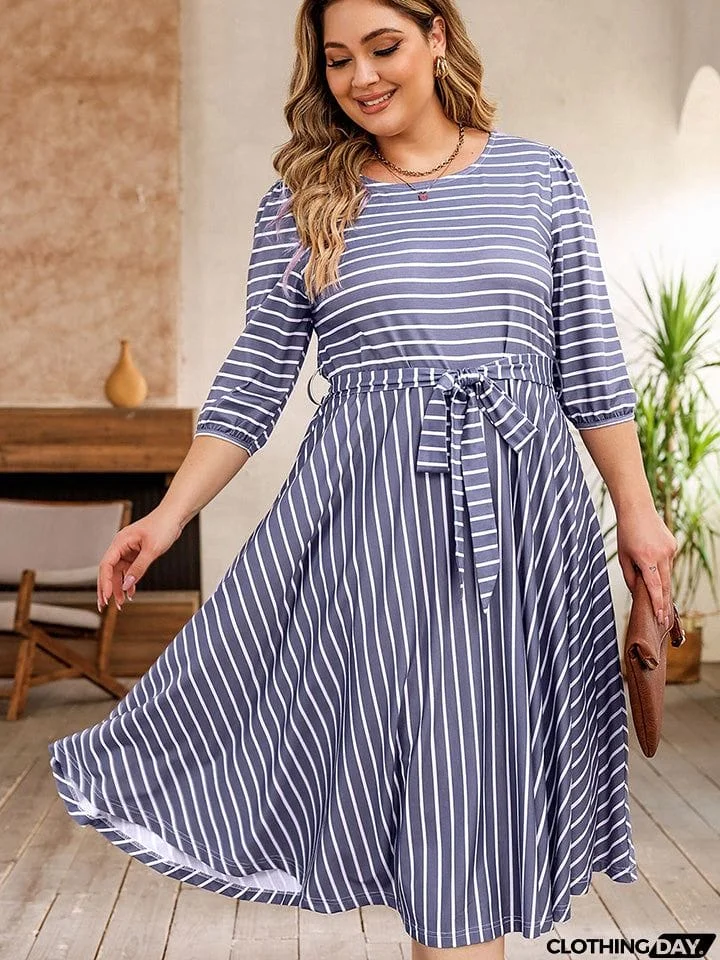 Plus Size Round Neck Striped Tie Waist Dress