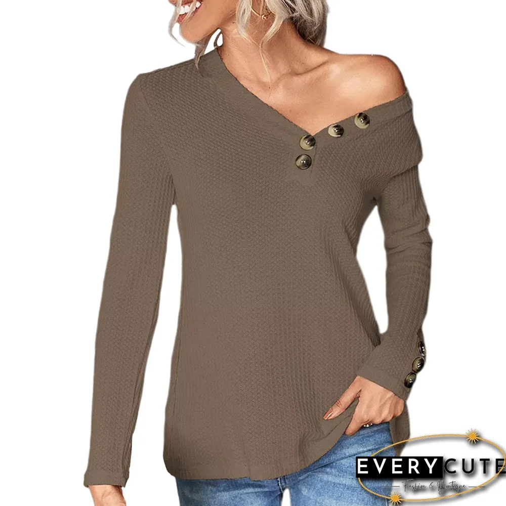 Khaki Button Detail V Neck Waffle Long Sleeve Top