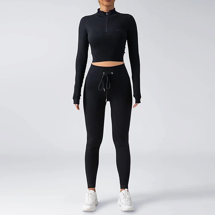 PASUXI Women's Yoga Set 2-Piece High Waist Long Sleeve Fitness Pants & Top with Drawstring huanwei
