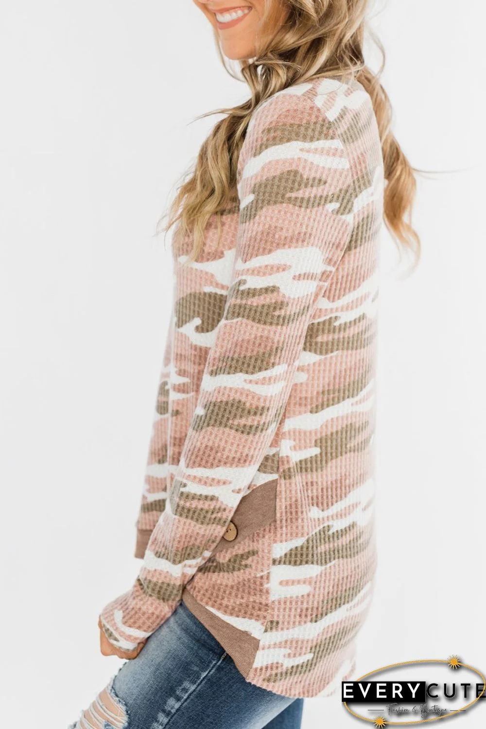 Pink Camo Print Button Waffle Knit Long Sleeve Top