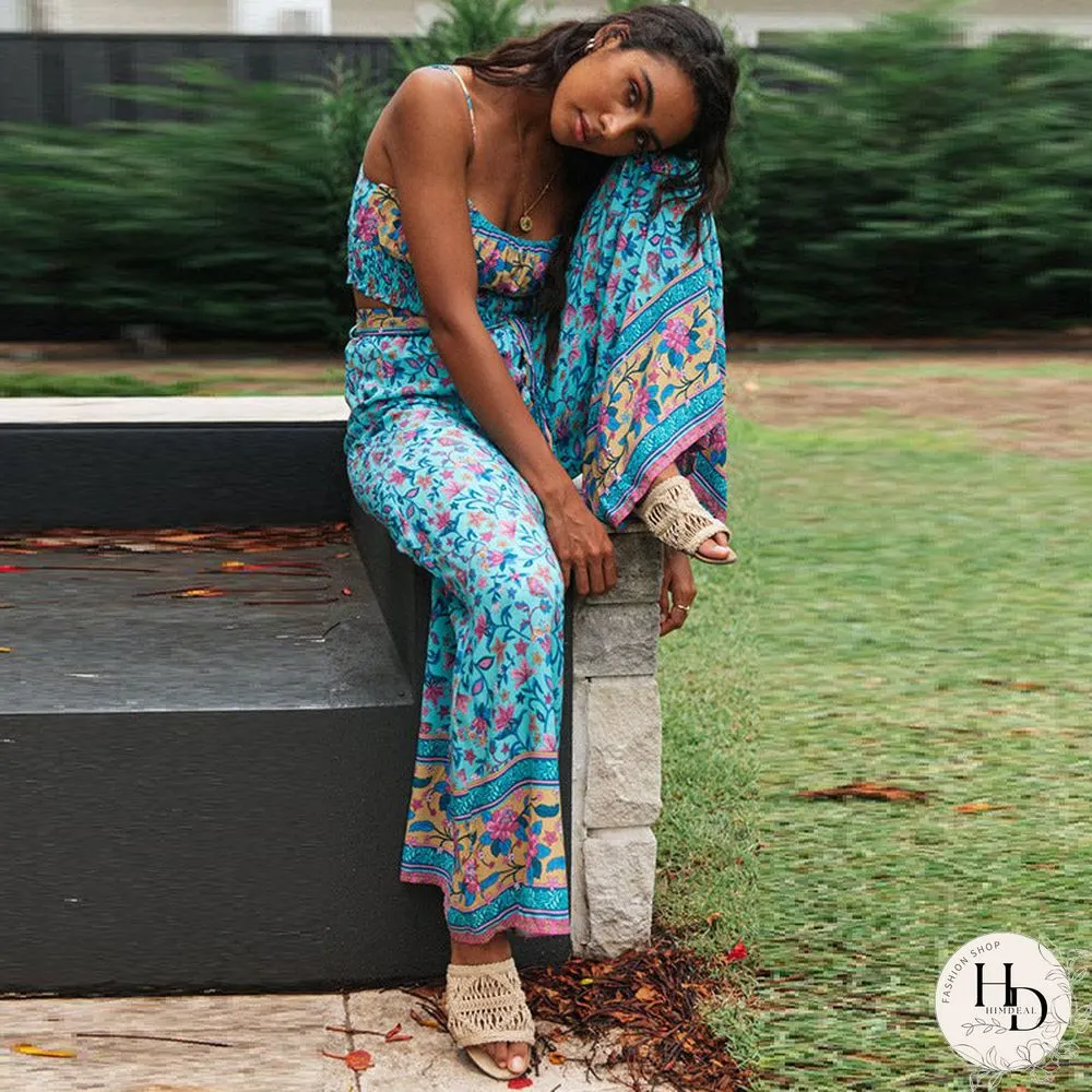 Aqua Floral Crop Top and Pants Matching Sets