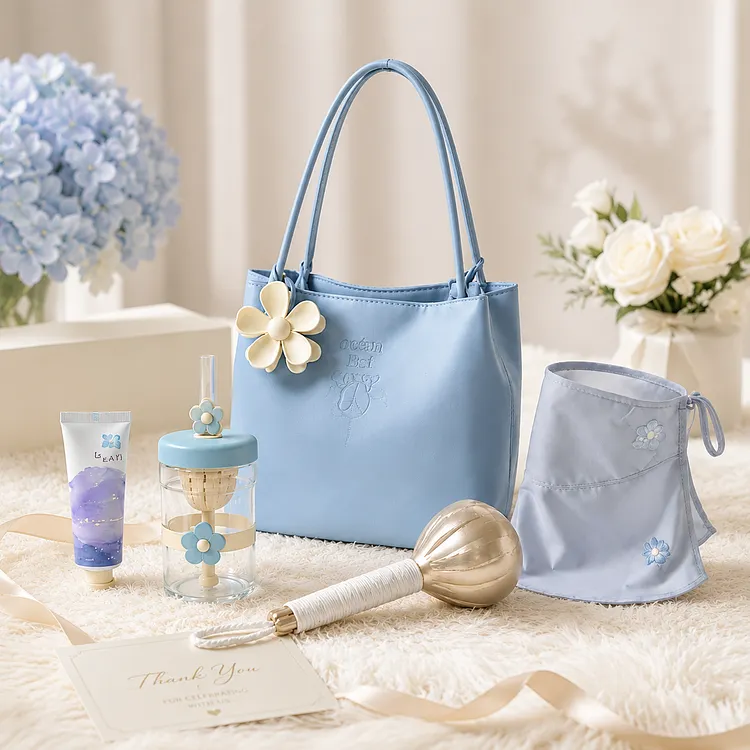 5PCS Luxury Women's Gift Set with Floral Tote Bag, Glass Cup, Herbal Massage Hammer, Hand Cream & Sun Protection Face Cover, Bridesmaid Wedding Favor Birthday Gift