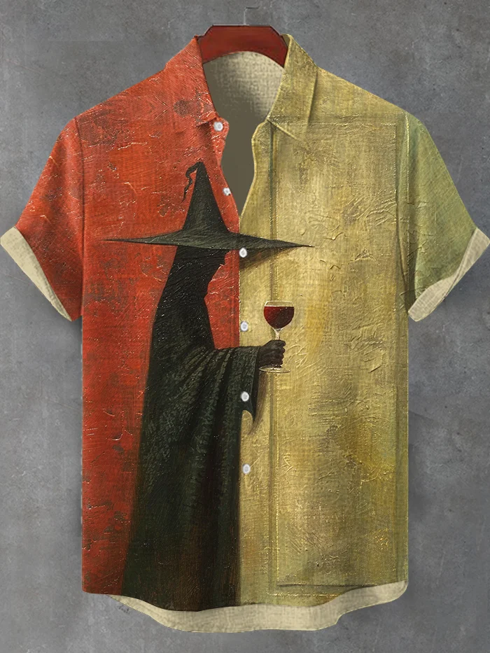Men's Witch Drinking Wine Knocks The Door Oil Painting Print Shirt