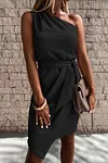 Solid Color One Shoulder Studs Party Dress