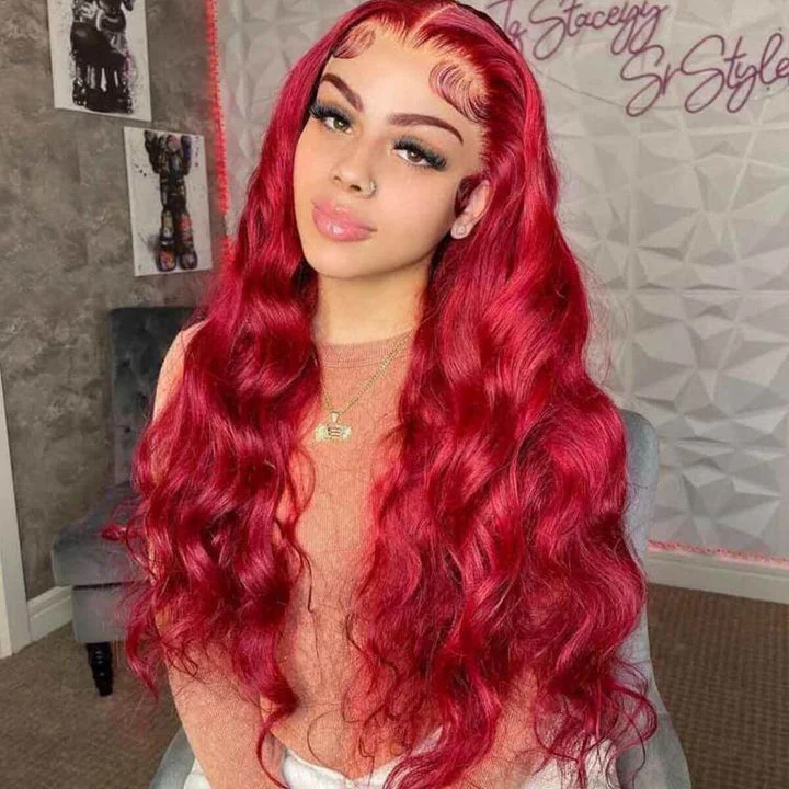 200% Density Red Color 13X4 Lace Front Wigs Body Wave Lace Human Hair Wigs