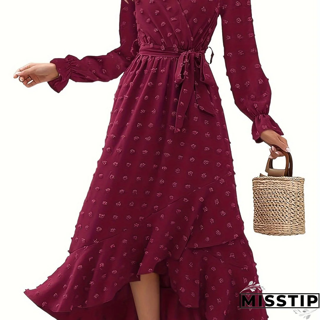 Solid Color Pleated Hem Dress, Elegant Belt Cross Surplice Neck Long Sleeve Dress, Women's Clothing