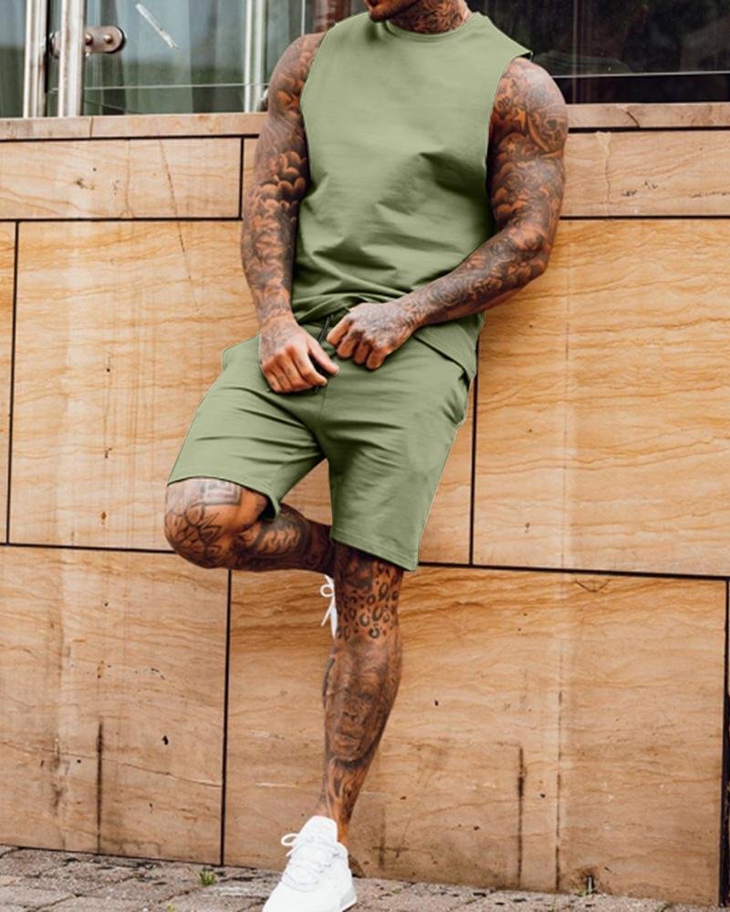 Sleeveless Casual Solid Color Round Neck Suit