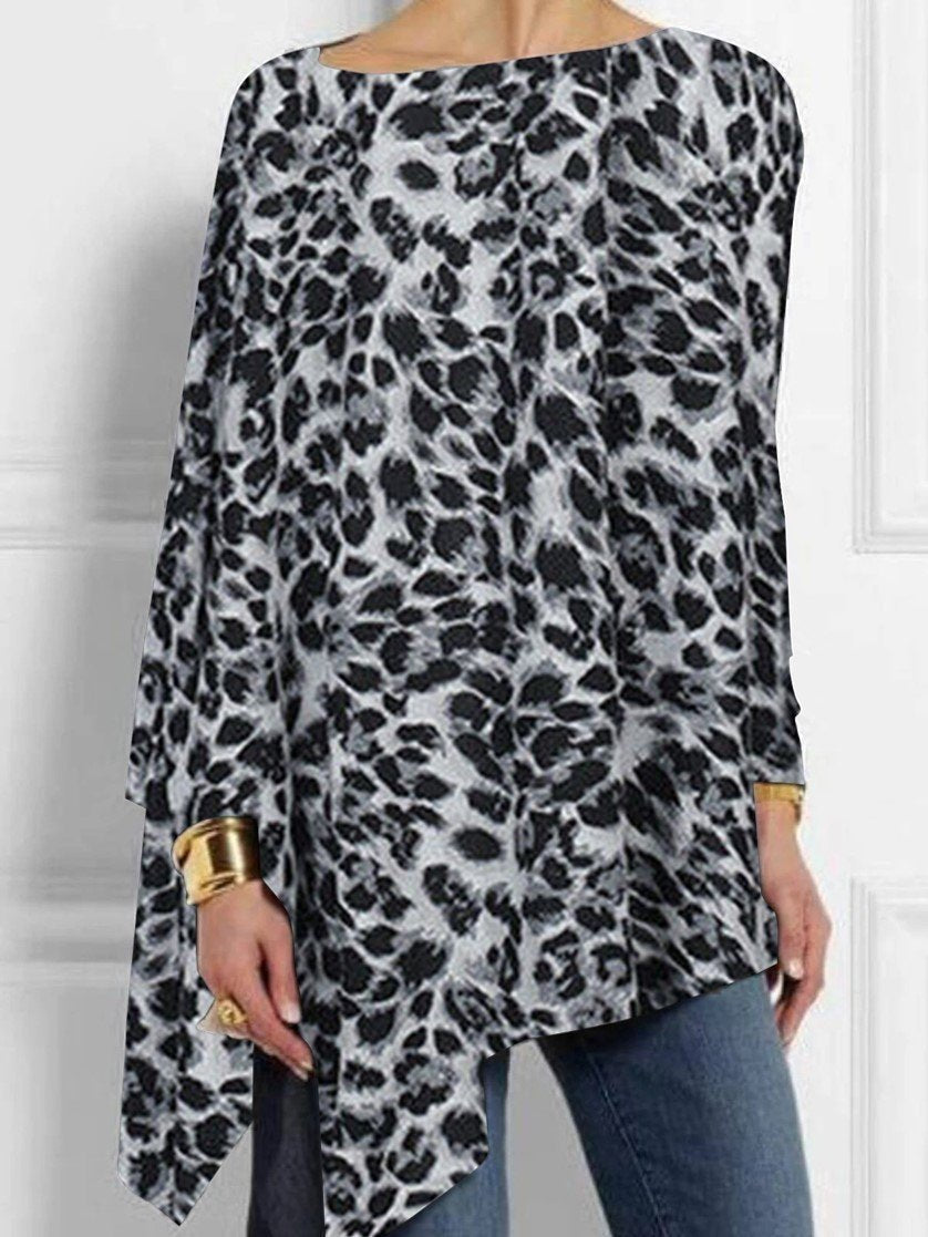 Women Long Sleeve Scoop Neck Leopard Printed Top
