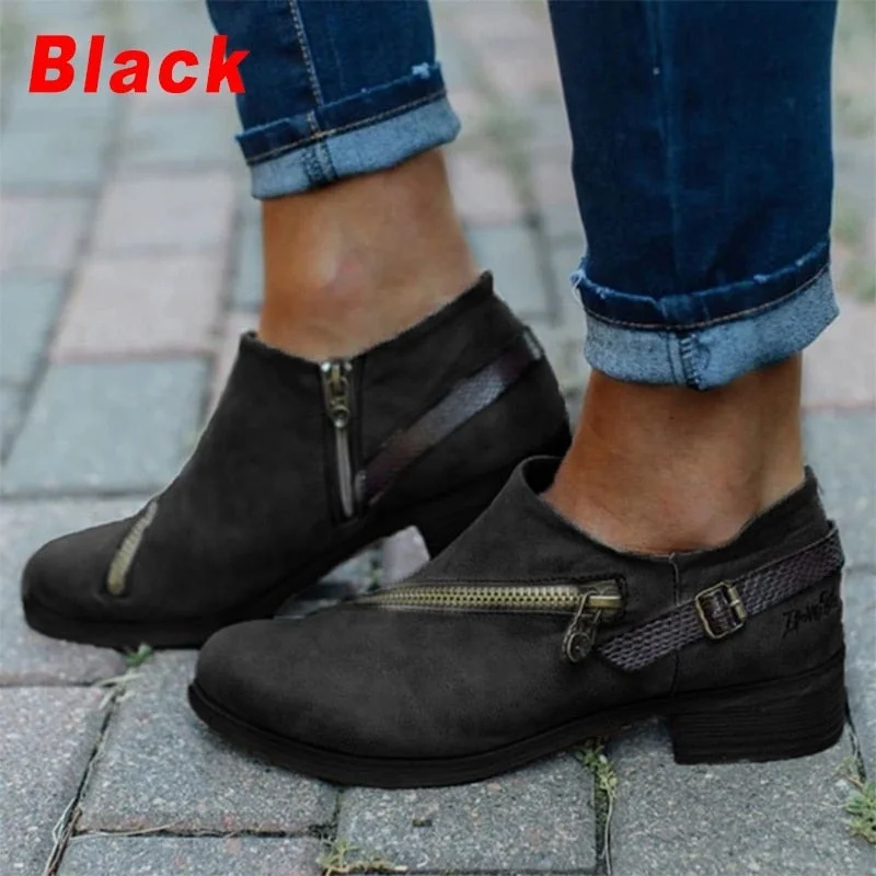 New Fashion Women Casual Shoes Ladies Retro Round Toe Low Heel Zipper Boots Woman Thick Heel Short Boots Single Shoes Size 35-43