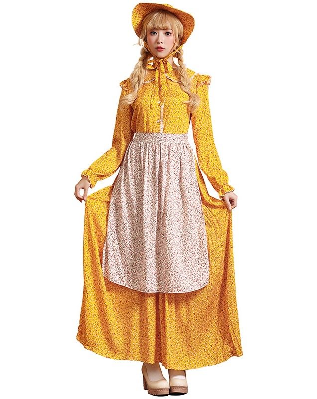 Yellow Floral Women Prairie Style Pastoral Dress Halloween Costume Novameme