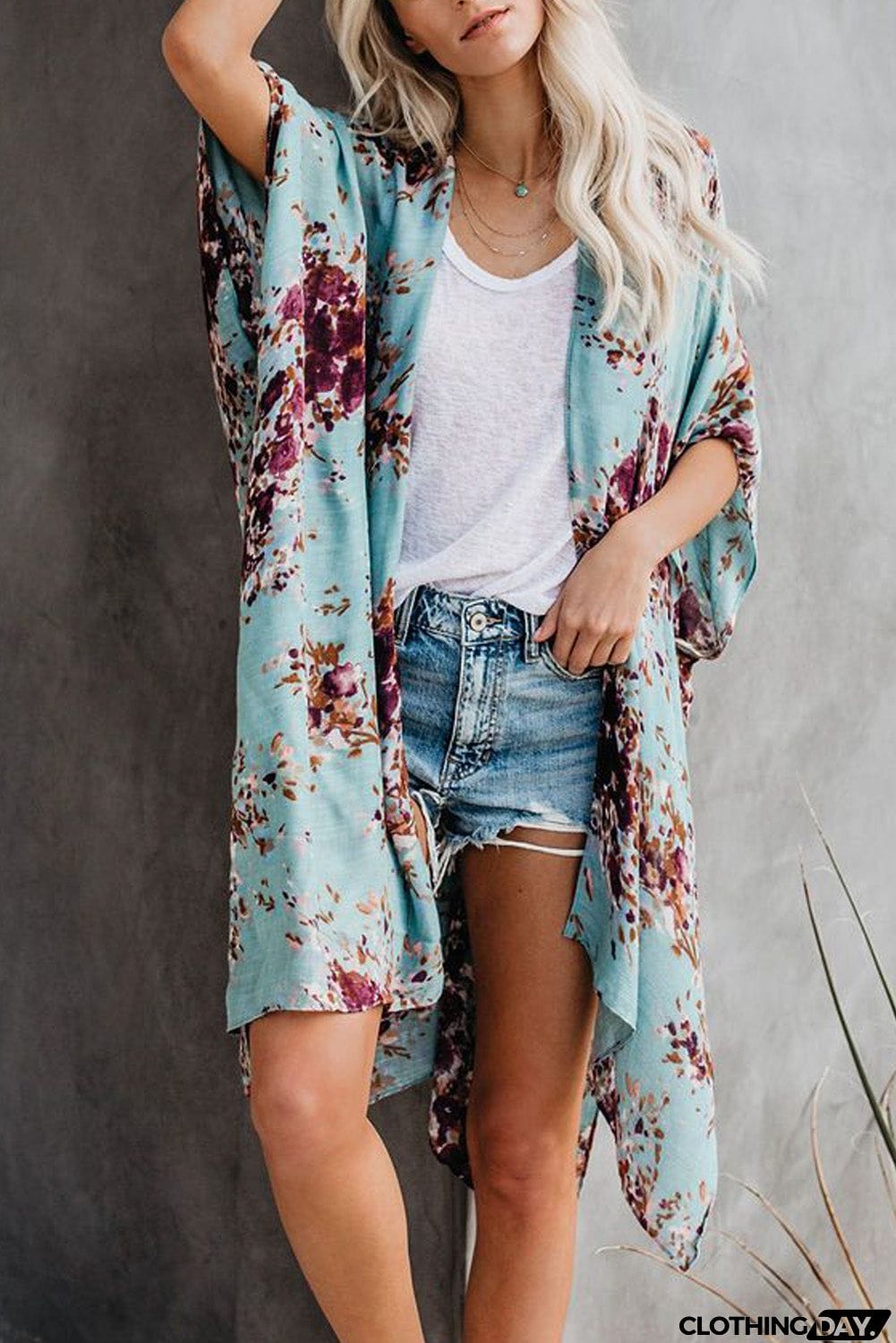 Floral Kimono Sleeves Chiffon Loose Beach Cover Up