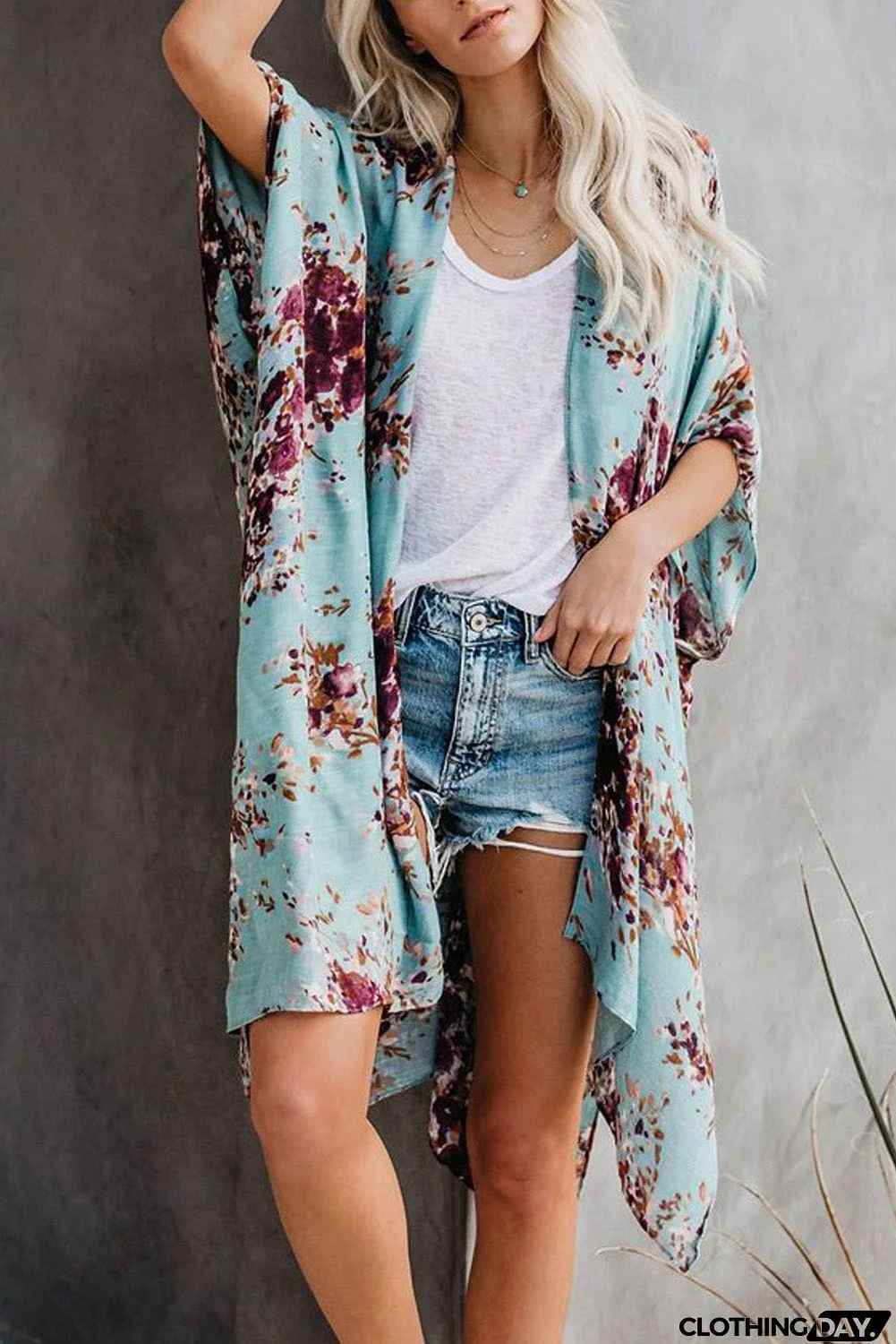 Floral Kimono Sleeves Chiffon Loose Beach Cover Up