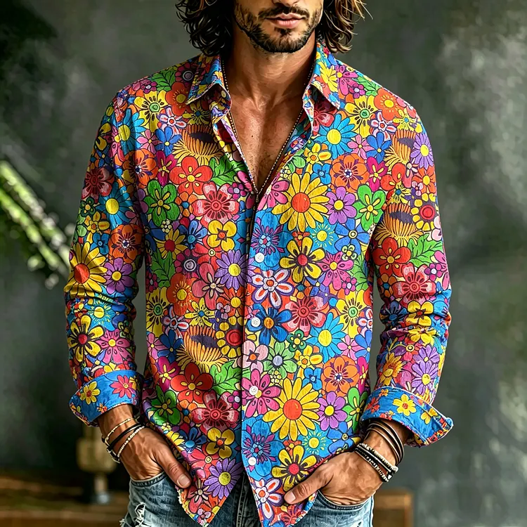 Men's Vintage Floral Art Print Long Sleeves Linen Shirt