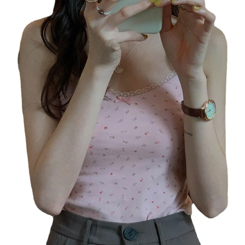 Uveng Uveng The United States Back Vest Net Red Fold Wear Short Floral Lace Small Sling Ins Super Hot Girl Student Jacket Female