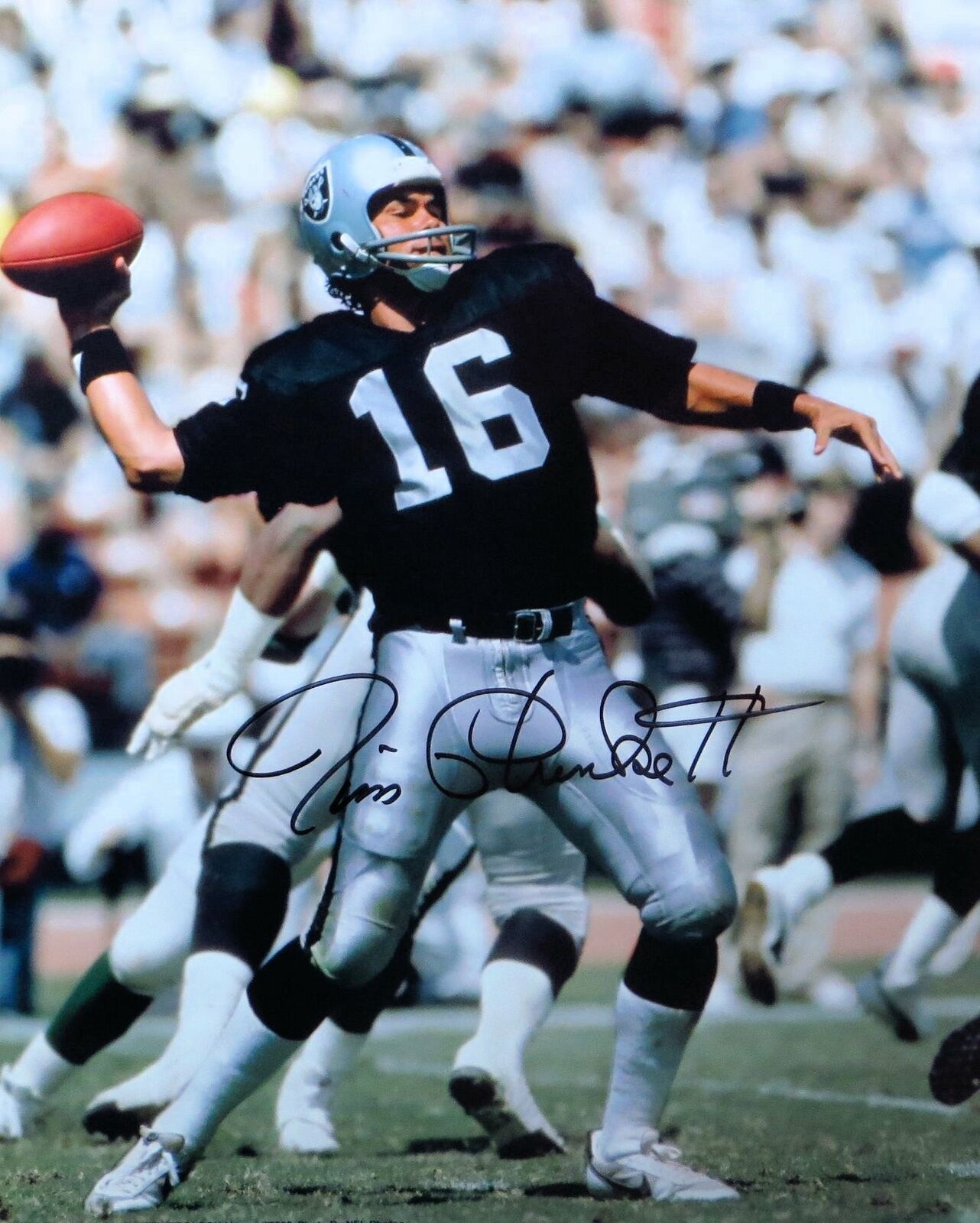 Jim Plunkett Signed Autographed 16X20 Photo Poster painting LA Oakland Raiders Throwing Pass JSA