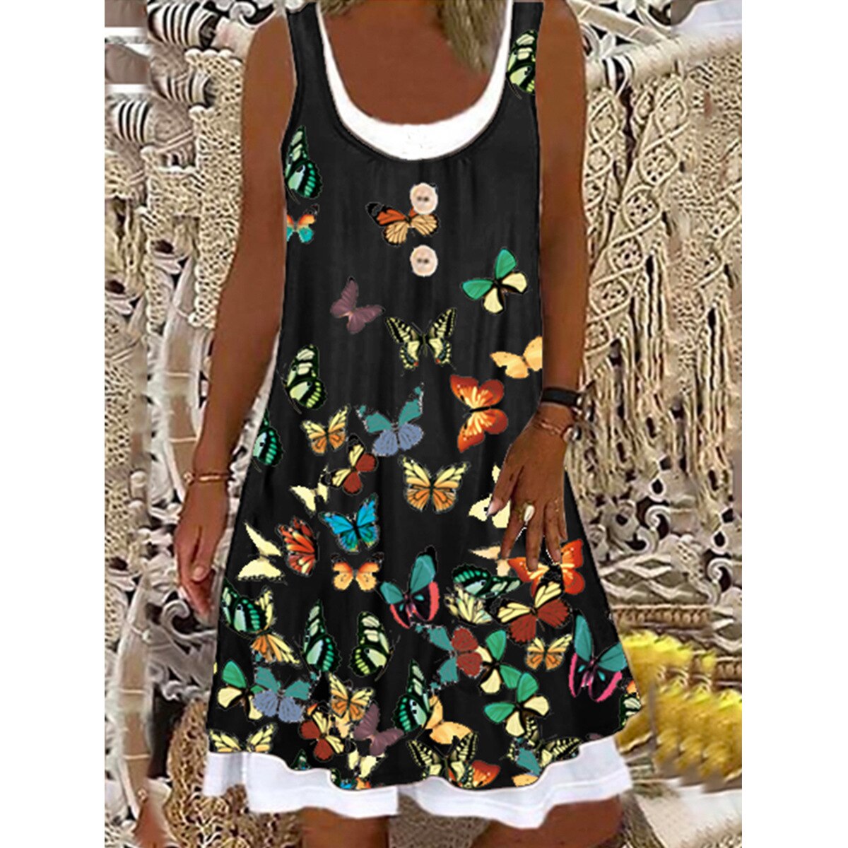 Women New Casual Splice Fake Two O-Neck Sleeveless Print Cotton Loose Large Size 3XL Mid Dress Female Vestidos For Summer 2021