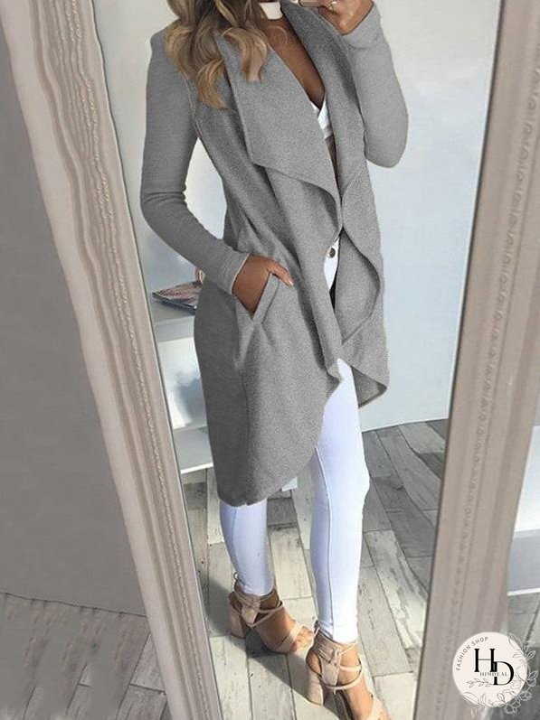 Coats Solid Lapel Pocket Slim Mid-Length Coat for Women