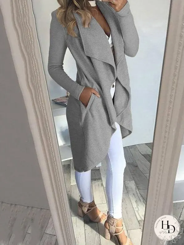 Coats Solid Lapel Pocket Slim Mid-Length Coat for Women