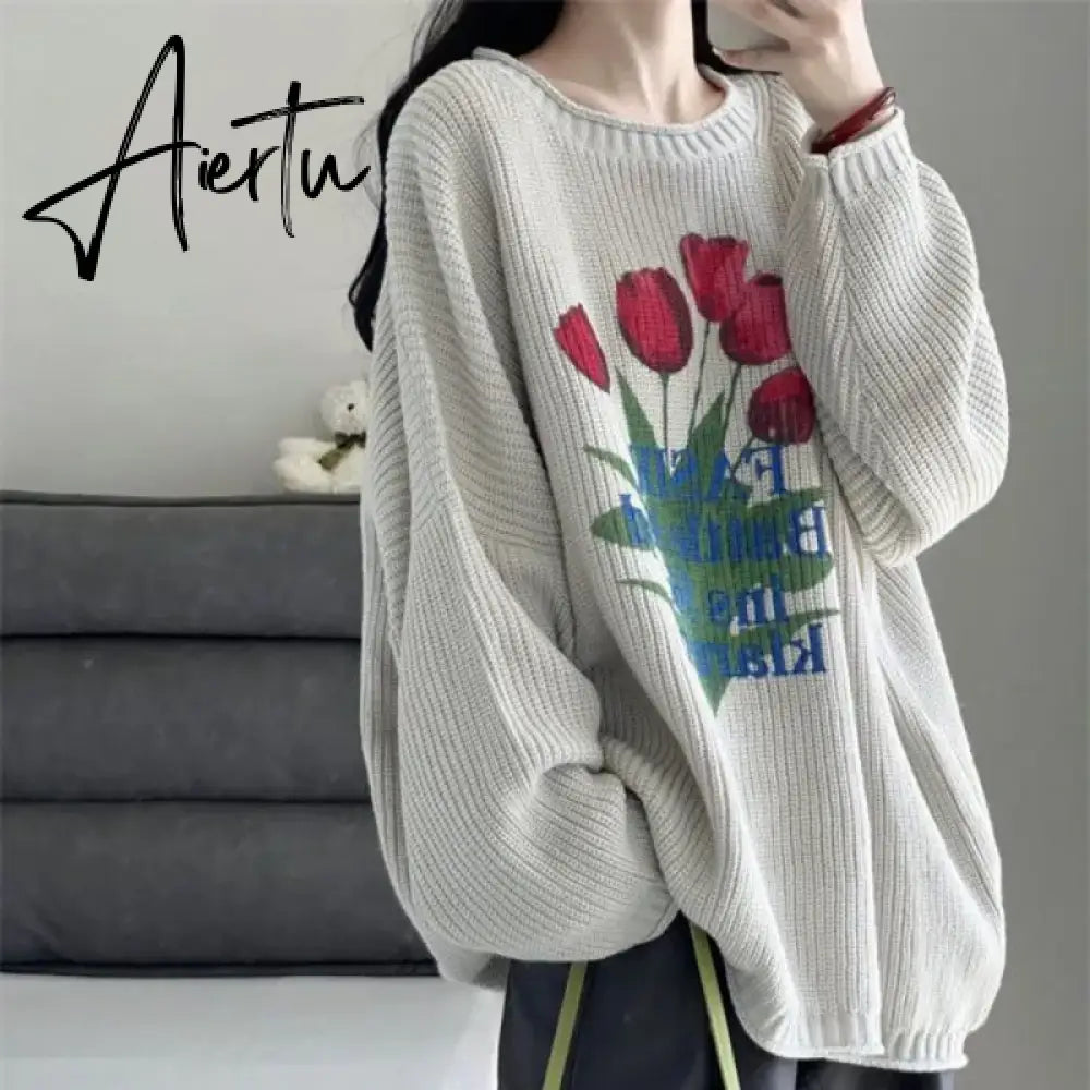 Deeptown Retro Knitted Sweater Women Harajuku Vintage Floral Print Jumper Loose Casual Long Sleeve O-neck Tops Y2K Clothes Sweet Aiertu