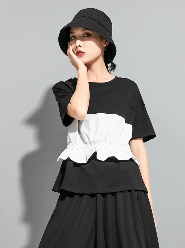 Original Black Round-neck Patchwork Ruffled Short Sleeve T-Shirt