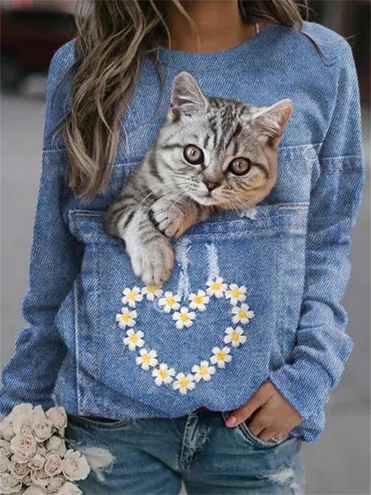 Artwishers Cat In Denim Pocket Graphic Sweatshirt