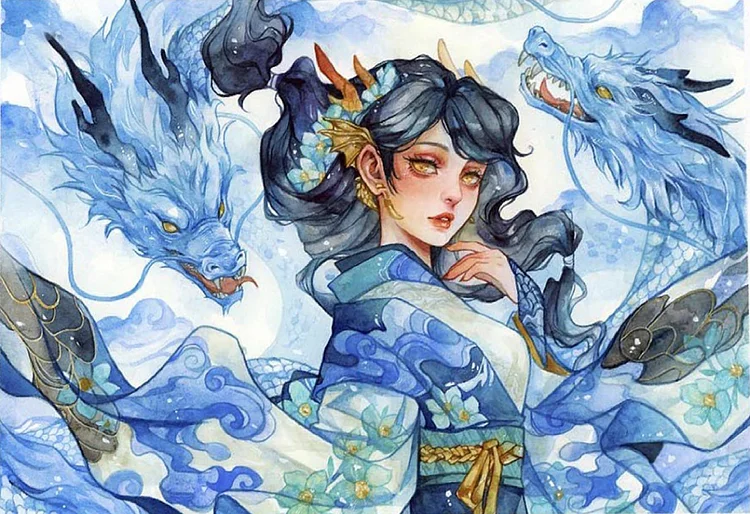 dragon and girl-AB Round Drill Diamond Painting-60*40CM(Canvas)