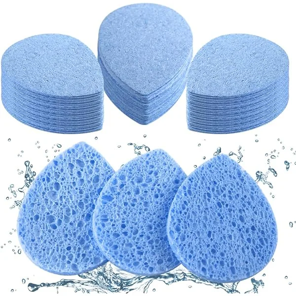 60-Count Compressed Facial Sponges, Cellulose Facial Sponges, 100% Natural Cosmetic Spa Sponges for Facial Cleansing, Exfoliating Mask, Makeup Removal - Water Drop Shape Blue